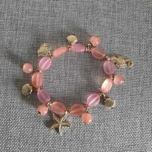 Tropical Pink and Gold Beach Seashell Fish Seahorse Starfish Jewel Bracelet